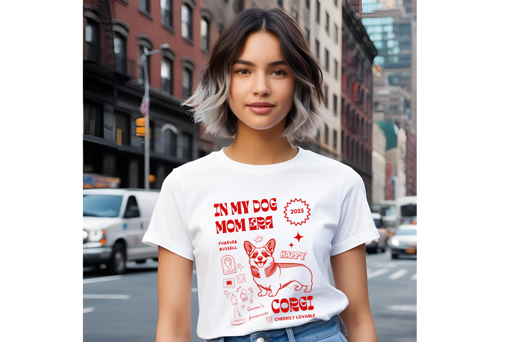 model in NY with  Corgi Pink Red Tee 